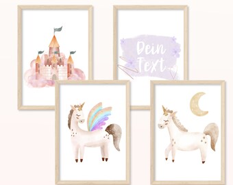 Pink Unicorn Art Print DIN A4 DIN A5 - Art print, picture, poster, baby, children's room, girl, boy, child, horse, rainbow, personalized