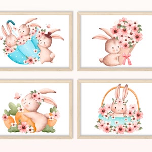 Póster de conejo - DIN A5, A4 - impresión artística, impresión, cuadro de pared, habitación infantil, conjunto de imágenes, lindo, niña, niño, conejo, flores, jardín, Pascua