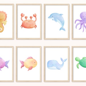 CARTEL de Criaturas Marinas - DIN A5, A4 - Impresión de Arte, Impresión, Mural, Habitación Infantil, Regalo, Bebé, Marítimo, Cáncer, Pez, Tortuga, Caballito de Mar