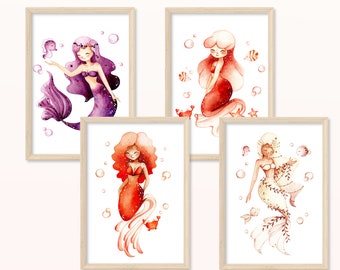 Mermaids POSTER - DIN A5, A4 - Art Print, Print, Mural, Gift, Children's Room, Baby, Girl, Sea, Underwater, Picture Set