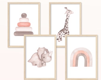 Kinderzimmer rosa POSTER - DIN A5, A4 - Print, Wandbild, Kinderzimmer, Junge, Mädchen, Dino, Giraffe, Spielzeug, Regenbogen, niedlich