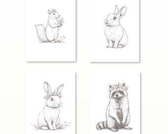 Cartes postales animaux de la forêt A6 carte cadeau image carte de vœux ensemble de cartes postales raton laveur lapin écureuil fleurs nature forêt animaux mignons
