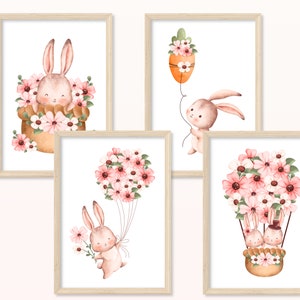 Póster de conejo - DIN A5, A4 - impresión artística, impresión, cuadro de pared, habitación infantil, conjunto de imágenes, lindo, niña, niño, nacimiento, bautismo, flores, Pascua