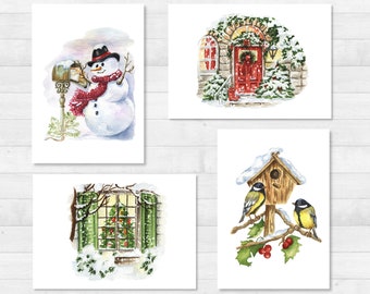 Weihnachten POSTKARTE - DIN A6 - Karte, Geschenk, Bild, Print, Grußkarte, Schneemann, Winter, Zuhause, Gemütlich, Vögel, Garten, Vintage