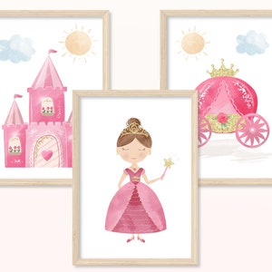 Princesa POSTER - DIN A5, A4 - impresión de arte, impresión, mural, imágenes para niños, habitación para niños, niña, castillo, carruaje, cuento de hadas, rosa, rosa