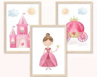 Princesa CARTEL - DIN A5, A4 - impresión artística, impresión, mural, imágenes infantiles, habitación infantil, niña, castillo, carruaje, cuento de hadas, rosa, rosa