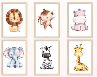 Baby Animals POSTER - DIN A5, A4 - Impresión de arte, imagen, para niños, fotos para niños, regalo, bebé, habitación para bebés, África, león, jirafa, elefante