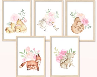 Animales bebé POSTER - DIN A5, A4 - Mural, Regalo, Niña, Niño, Nacimiento, Niños, Cumpleaños, Bautismo, Madre, Bebé, Animales, Familia