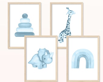 Kinderzimmer blau POSTER - DIN A5, A4 - Print, Wandbild, Kinderzimmer, Junge, Mädchen, Dino, Giraffe, Spielzeug, Regenbogen, niedlich