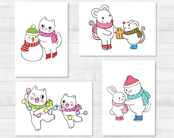 Christmas Animals POSTCARD - DIN A6 - Card, Gift, Picture, Print, Greeting Card, Rabbit, Cat, Mouse, Cute, Winter, Snow