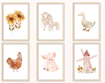 Farm POSTER - DIN A5, A4 - Print, mural, for children, children's room, baby, nursery, duck, farm, sheep, pig, sunflower, chicken