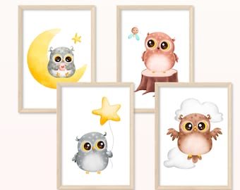 Owl POSTER - DIN A5, A4 - Art print, Print, Picture, Children's room, Boy, Girl, Baptism, Birth, cute, Animals, Forest, Bedroom, Moon