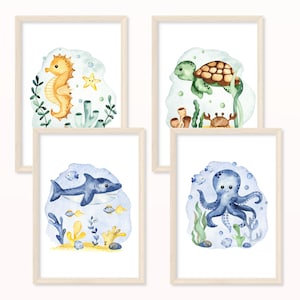 Meerestiere POSTER - DIN A5, A4 - Kunstdruck, Print, Wandbild, Geschenk, Kinderzimmer, Baby, Meer, Unterwasser, Bilder Set, Bild, Blumen