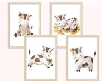 Kühe POSTER - DIN A5, A4 - Kunstdruck, Print, Wandbild, Kinderzimmer, Junge, Mädchen, Sonnenblume, Kuh, Bauernhof, Blumen, Natur, Tiere