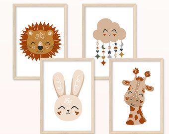 Tiere POSTER - DIN A5, A4 - Kunstdruck, Print, Wandbild, Kinderzimmer, Baby, Kinderposter, Bilder Set, Bild, Wolke, Löwe, Giraffe, Hase