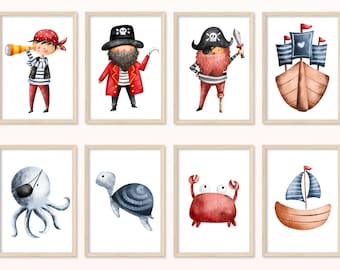 PÓSTER Pirata - DIN A5, A4 - Impresión de arte, impresión, mural, habitación para niños, regalo, bebé, marítimo, barco, animales marinos, crustáceos, niña, niño