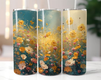 Ljusa sommarblommor 20 oz smal tumbler sublimeringsdesign rak tumbler wrap digital nedladdning vildblommor PNG blommig tumbler