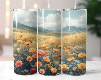 Sunny Hills Field Flowers 20 oz smal tumbler sublimeringsdesign rak tumblerwrap digital nedladdning vildblommor PNG blommig tumblerwrap