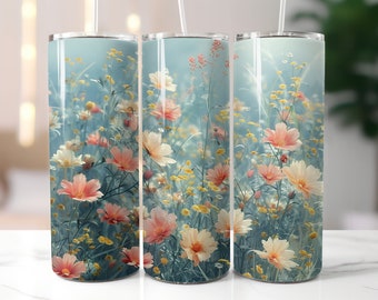 Silverblå fältblommor 20 oz smal tumbler sublimeringsdesign rak tumbler wrap digital nedladdning vildblommor PNG blommig tumbler