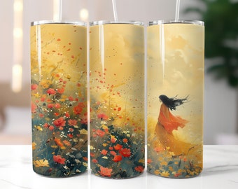 Ljusa fältblommor flicka 20 oz smal tumbler sublimeringsdesign rak tumbler wrap digital nedladdning vildblommor PNG blommig tumbler wrap