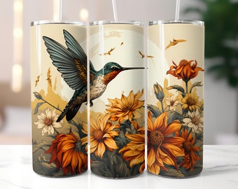 Vintage Hummingbird and Sunflowers 20 oz Skinny Tumbler Sublimation Design Straight Tumbler Wrap Digital Download PNG Vintage Floral Design