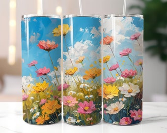 Ljusa fältblommor 20 oz smal tumbler sublimeringsdesign rak tumbleromslag digital nedladdning vildblommor PNG blommig tumbleromslag