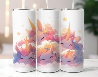 Envoltura de vaso de unicornios soñolientos lindos, diseño de sublimación de vaso delgado de 20 oz, PNG de descarga instantánea, envoltura de vaso recto, unicornios de dibujos animados
