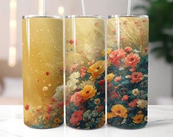 Bukettade sommarfältblommor 20 oz smal tumbler sublimeringsdesign rak tumbler wrap digital nedladdning vildblommor PNG blommig tumbler