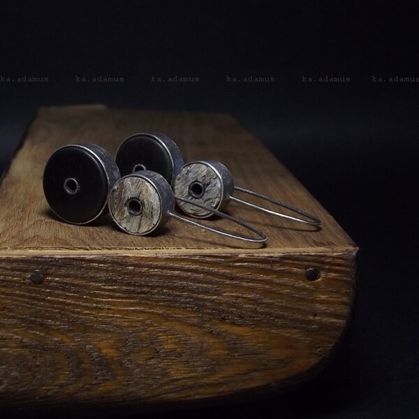 Wenge wood earrings Grey shell earrings Sterling silver Dangle earrings Oxidized Raw sterling silver