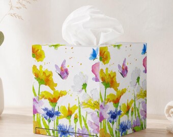Floral Decoupage Tissue Box Cover, Square Wooden Tissue Holder