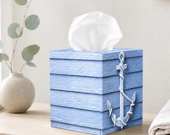 Decoupage Nautical Tissue Box Cover, Coastal Anchor Wooden Dispenser