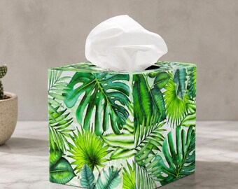 Tropical Green Leaves Wooden Tissue Box Cover, Decoupage Design