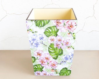 Floral Decoupage Wooden Waste Basket, Office Trash Can