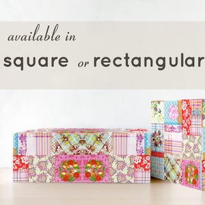 May include: Two decorative boxes, one rectangular and one square, with a patchwork design. The boxes feature floral and geometric patterns in pink, red, blue, and green. Text above reads "available in square or rectangular shape."