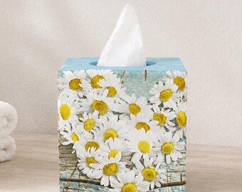 Daisy Floral Tissue Box Cover, Shabby Chic Decoupage Wood