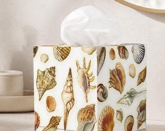 Tissue box cover, Coastal tissue box, Tissue holder, Square, Rectangular, Beach house decor, Sea shell box, Decoupage tissue box