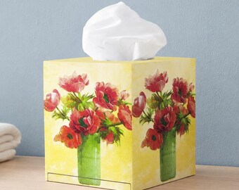Tissue box cover Wildflowers tissue box Floral tissue box cover Wooden tissue holder Decoupage tissue box Cube tissue box