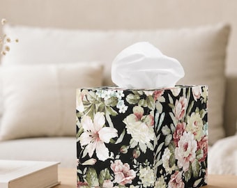 Floral Decoupage Tissue Box Cover, Black Wooden Tissue Holder