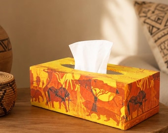 Rectangular tissue box cover - Yellow tissue box - Tissue box cover - Ethnic tissue box - Wooden tissue box - Tissue box