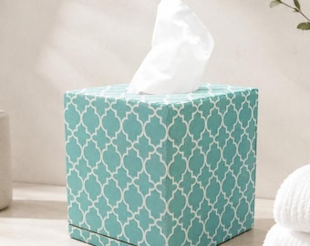 Handmade Turquoise Quatrefoil Tissue Box Cover, Decoupage Wooden Tissue Holder