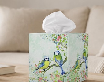 Tissue box cover with birds Square tissue cover Tissue holder Tissue cover wood Decoupage tissue box Tissue storage box Spring home decor
