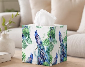 Decoupage Tissue Box Cover: Peacock & Floral Wood Tissue Holder