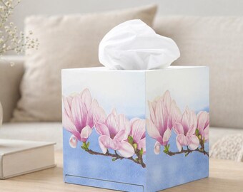 Tissue box cover Magnolia Tissue holder Wooden tissue box Decoupage tissue box Cube tissue box cover Magnolia tissue box