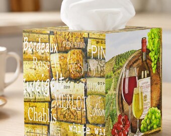 Wooden Tissue Box Cover – Wine Lover Gift, Decoupage Kitchen Decor