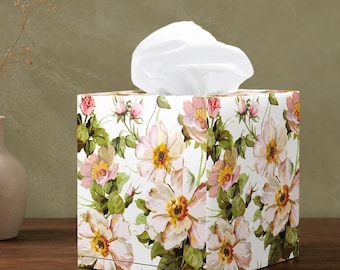 Wooden Tissue Box Cover, Decoupage Rose Hip Floral Design Home Decor