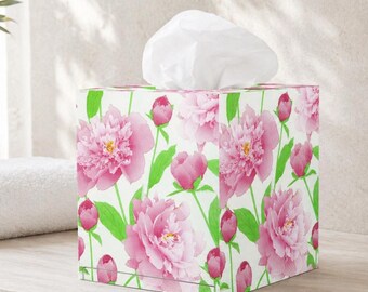 Hand Decorated Peony Tissue Box Cover: Decoupage Wooden Tissue Holder