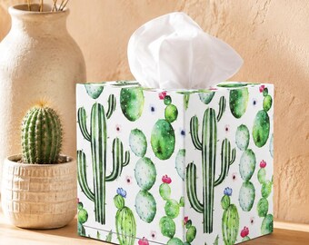 Wooden Tissue Box Cover, Cactus Print, Decoupage Technique, Home Decor (5"x5"x5.6")