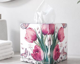 Tulip Decoupage Wooden Tissue Box Cover with Closing Lid