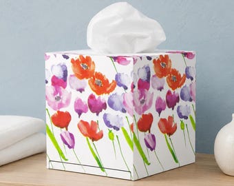 Tissue box cover Floral tissue box Cube tissue box Tissue holder Decoupage tissue box Bathroom stand box
