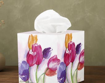 Tissue box cover Square tissue box Tissue holder Decoupage tissue box Tulips tissue box